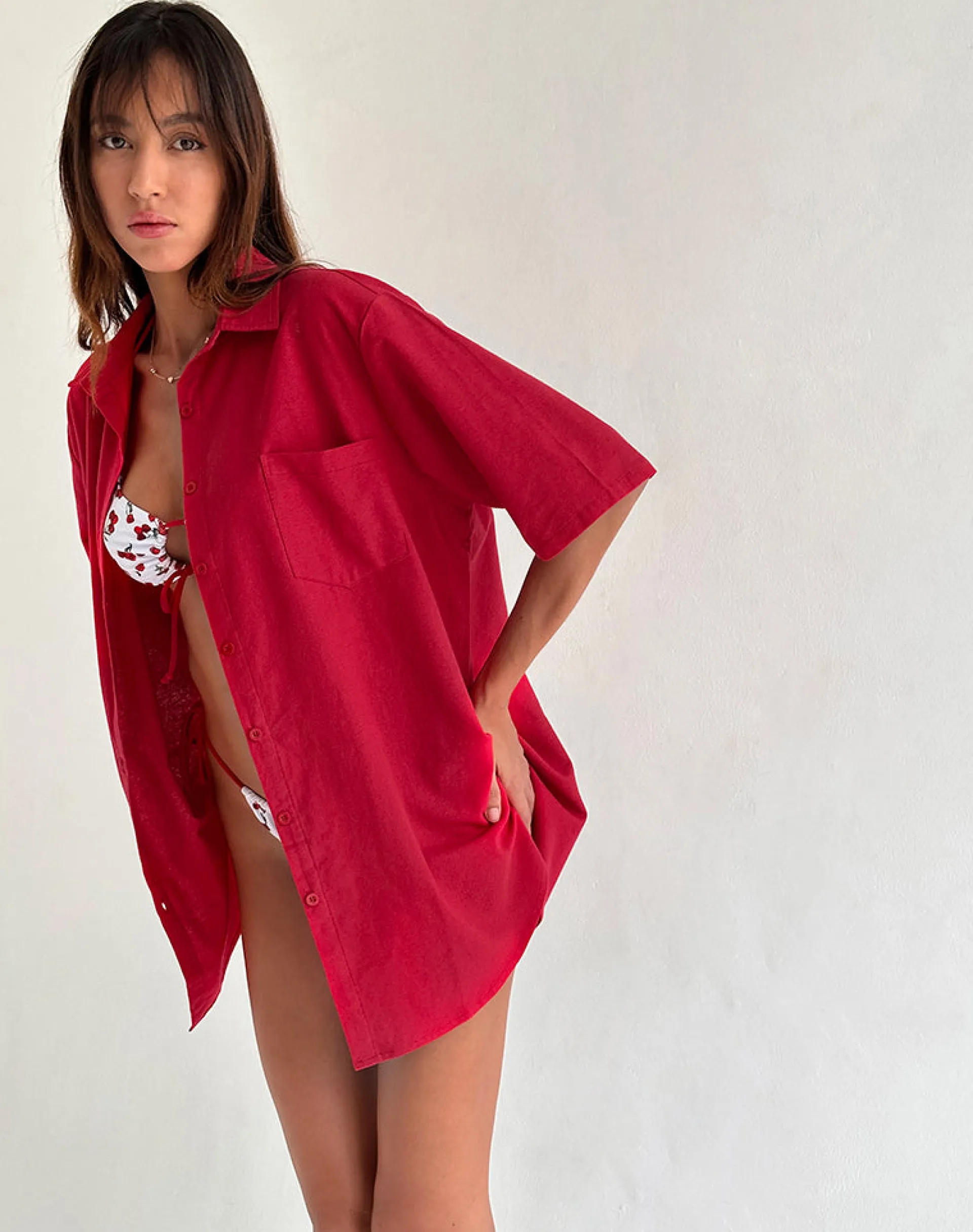 Motel Rocks Shirts And Blouses-Smith Oversized Shirt in Adrenaline Red AdrenalineRed