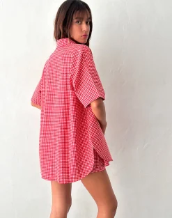 Motel Rocks Shirts And Blouses | Long Sleeve Tops-Smith Oversized Shirt in Red Gingham RedGingham