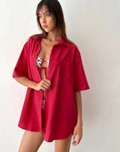 Motel Rocks Shirts And Blouses-Smith Oversized Shirt in Adrenaline Red AdrenalineRed