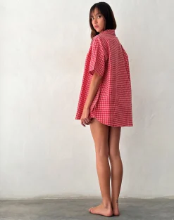 Motel Rocks Shirts And Blouses | Long Sleeve Tops-Smith Oversized Shirt in Red Gingham RedGingham