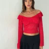 Motel Rocks Long Sleeve Tops | Lace Tops-Soka Bardot Frill Top in Red Lace