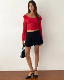 Motel Rocks Long Sleeve Tops | Lace Tops-Soka Bardot Frill Top in Red Lace