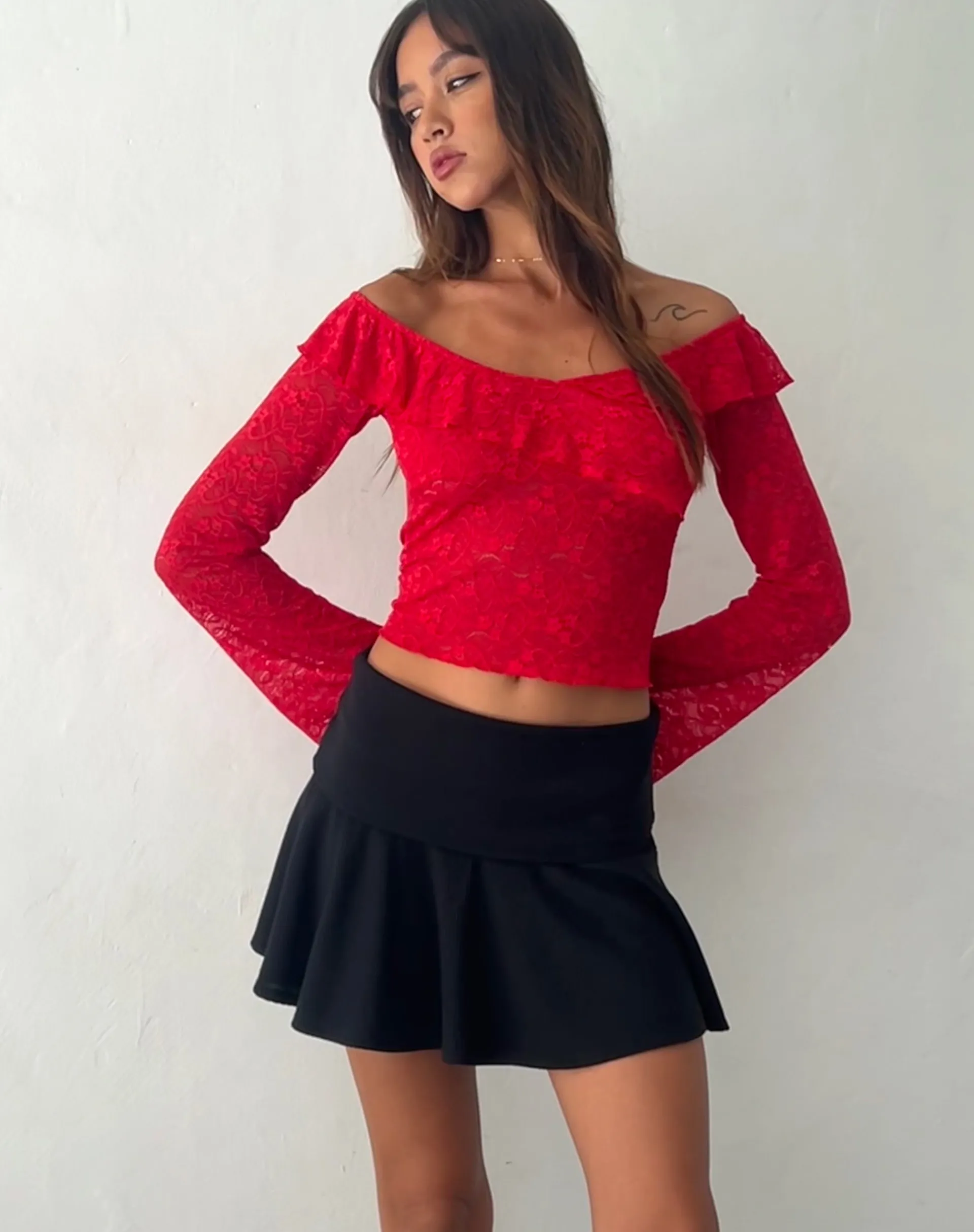 Motel Rocks Long Sleeve Tops | Lace Tops-Soka Bardot Frill Top in Red Lace
