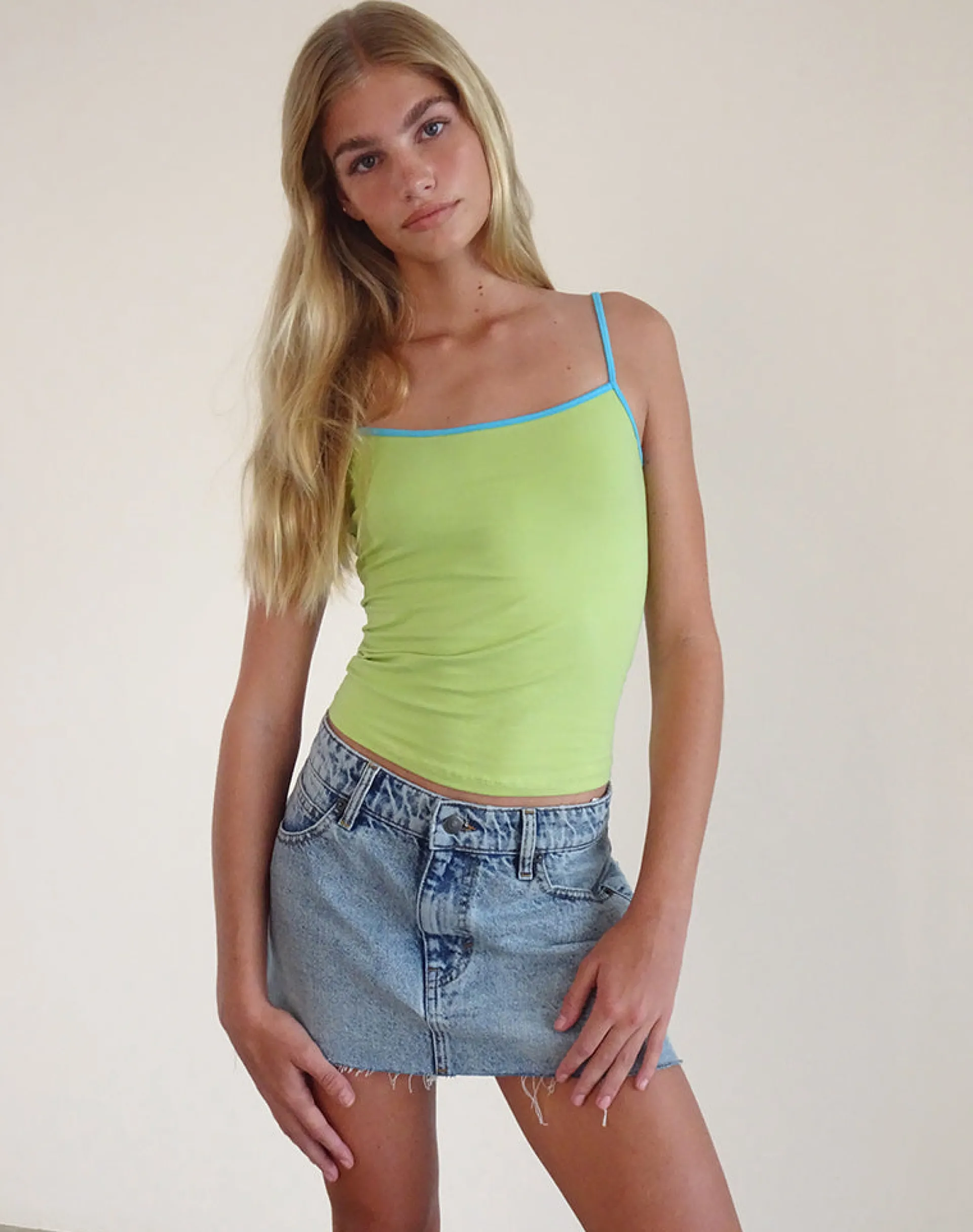 Motel Rocks Basic Tops | Vest Tops-Solani Top in Green Banana with Blue Binding GreenBananawithBlueBinding