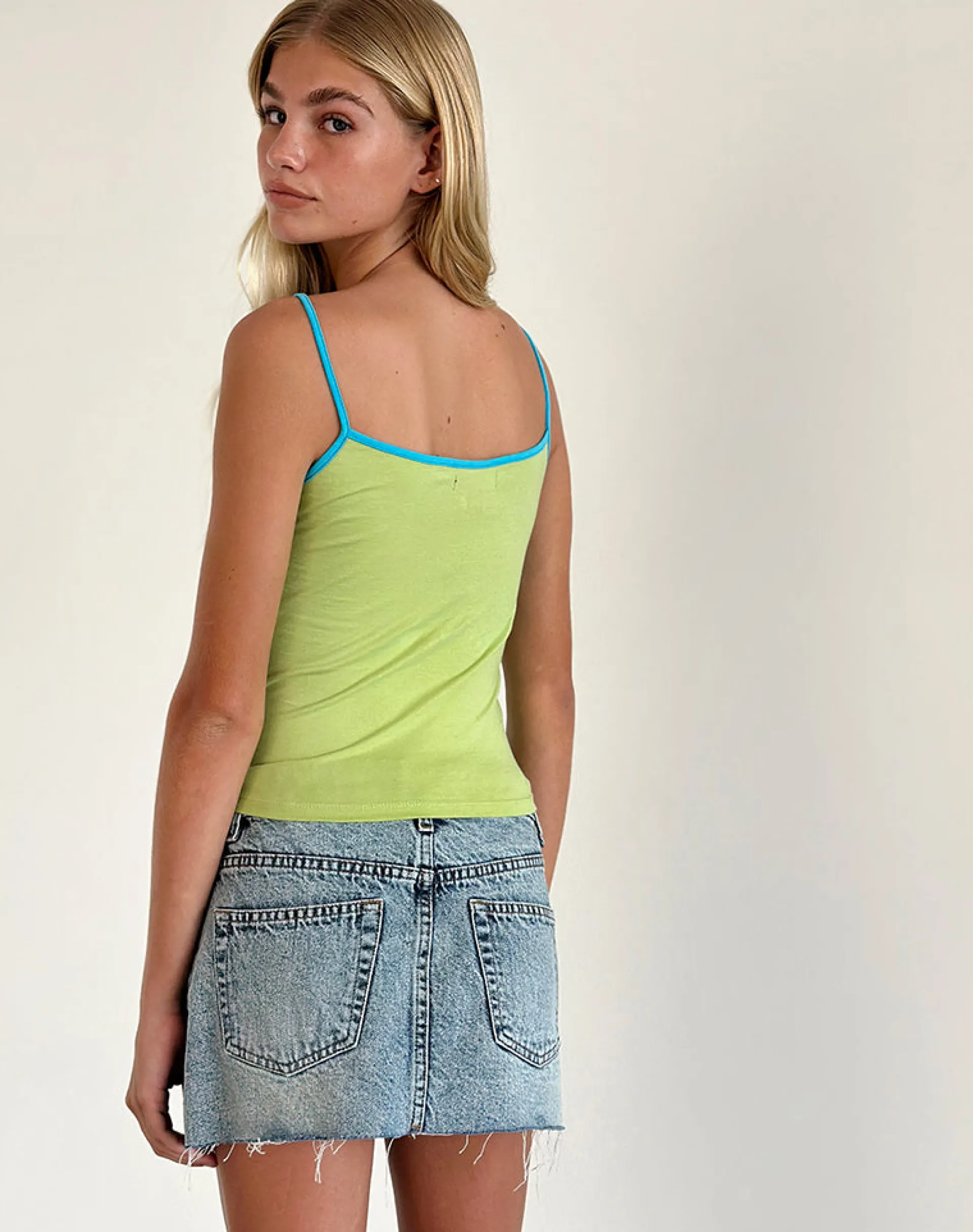 Motel Rocks Basic Tops | Vest Tops-Solani Top in Green Banana with Blue Binding GreenBananawithBlueBinding