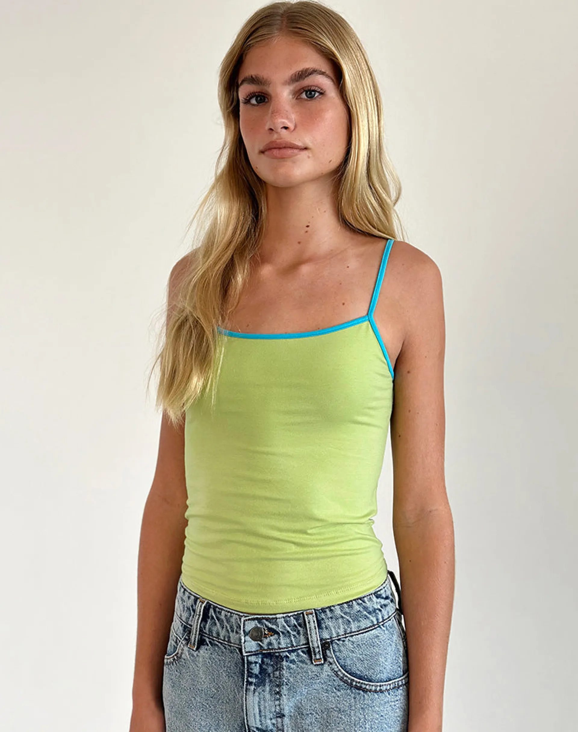 Motel Rocks Basic Tops | Vest Tops-Solani Top in Green Banana with Blue Binding GreenBananawithBlueBinding