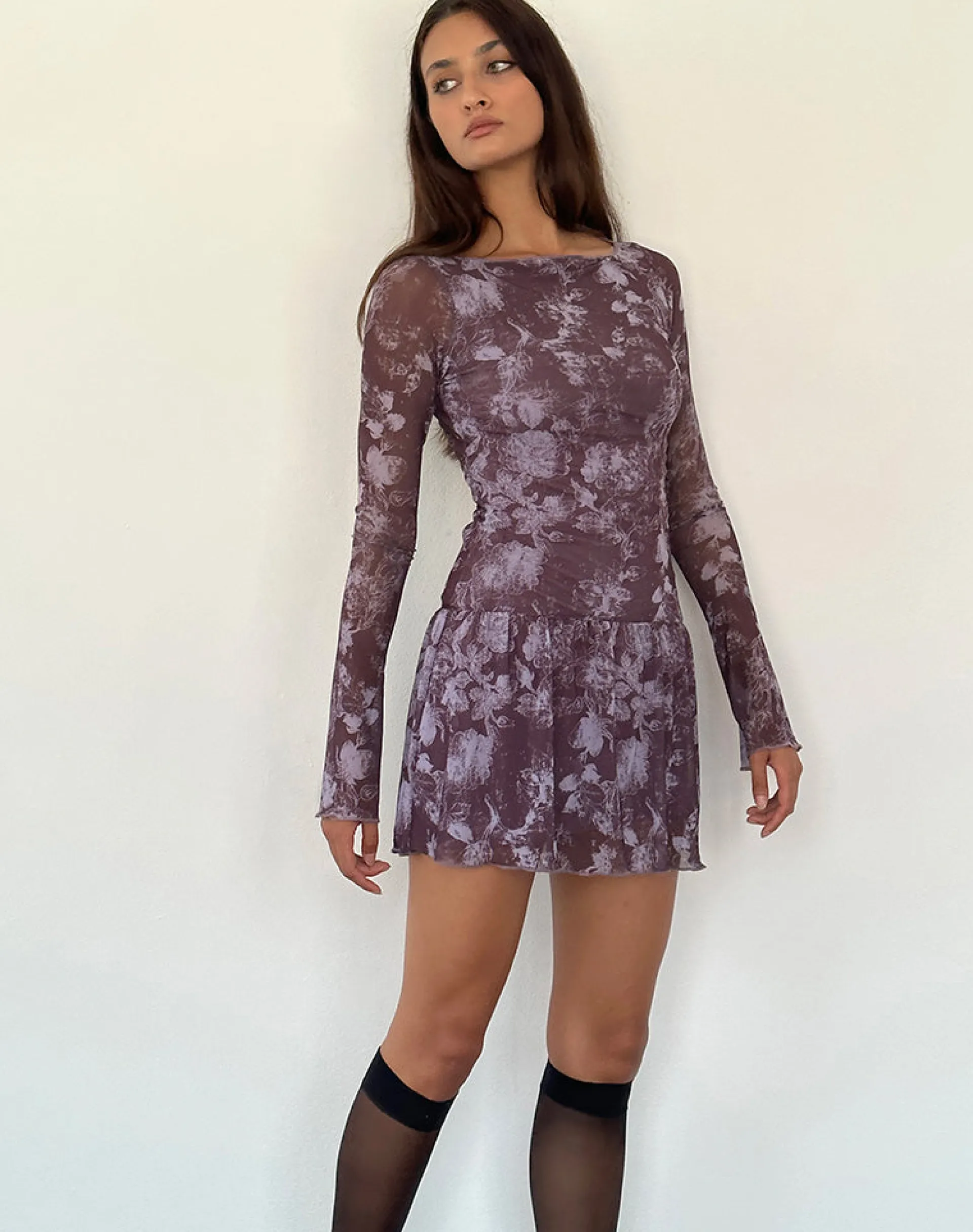 Motel Rocks Printed Dresses | Long Sleeve Dresses-Sonata Mini Dress in Botanic Sketch Purple