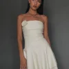 Motel Rocks Mini Dresses-Striata Mini Dress in Cream with Rosette and Lace Back