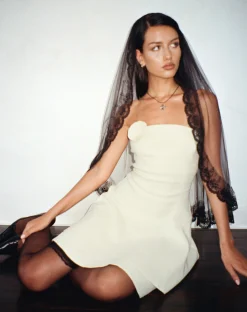 Motel Rocks Mini Dresses-Striata Mini Dress in Cream with Rosette and Lace Back