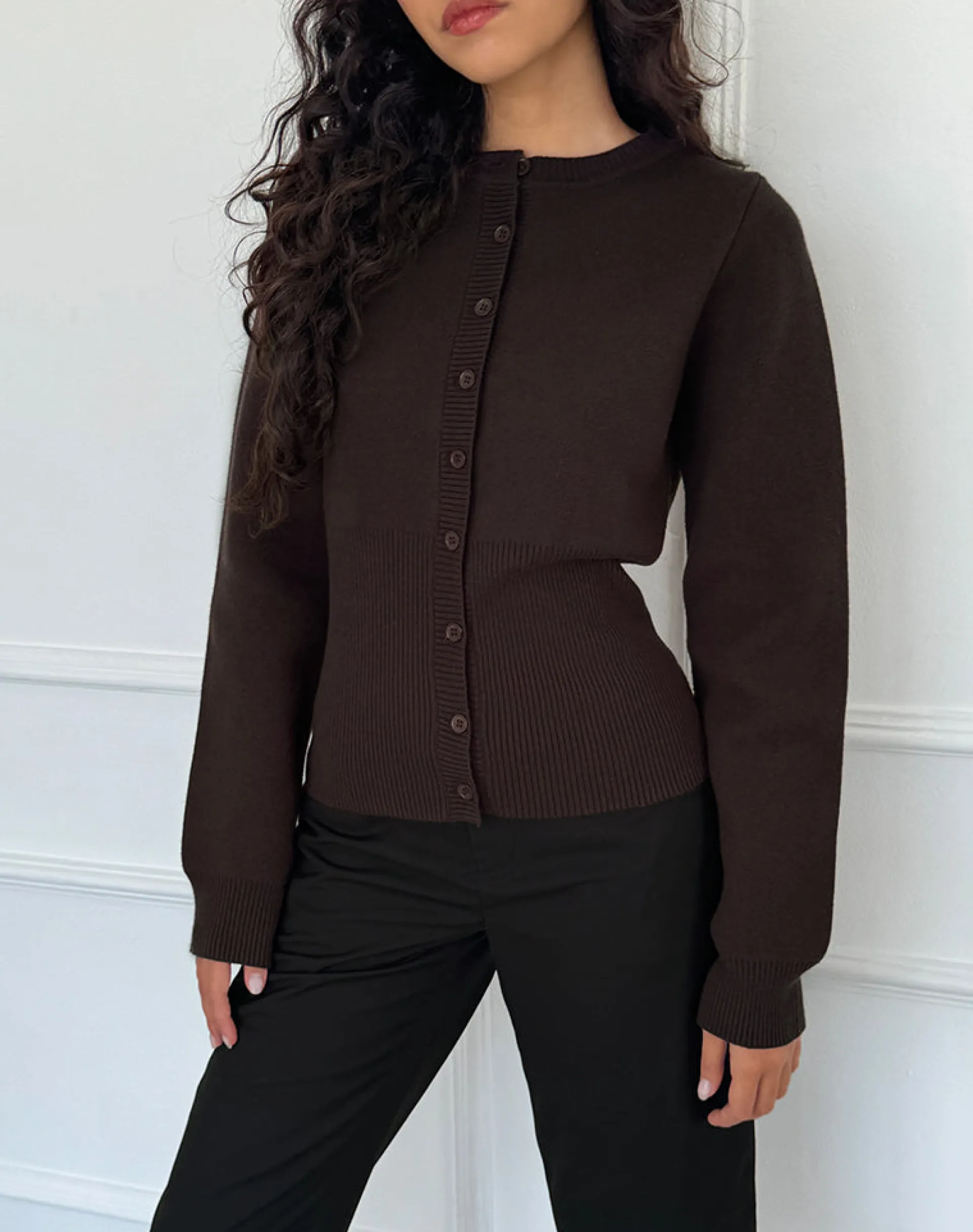 Motel Rocks Cardigans | Long Sleeve Tops-Subra Long Sleeve Ribbed Hem Cardigan in Bitter Chocolate