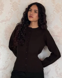 Motel Rocks Cardigans | Long Sleeve Tops-Subra Long Sleeve Ribbed Hem Cardigan in Bitter Chocolate