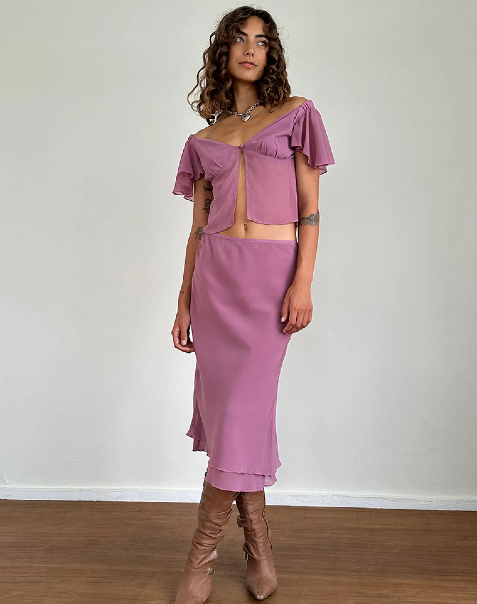 Motel Rocks Co-Ords | A Line Skirts-Suharni Midi Skirt in Chiffon Mauve