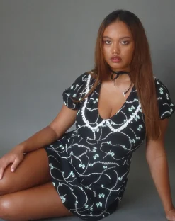Motel Rocks Printed Dresses | Mini Dresses-Sulani Mini Dress in Black with Pearl and Bow Print