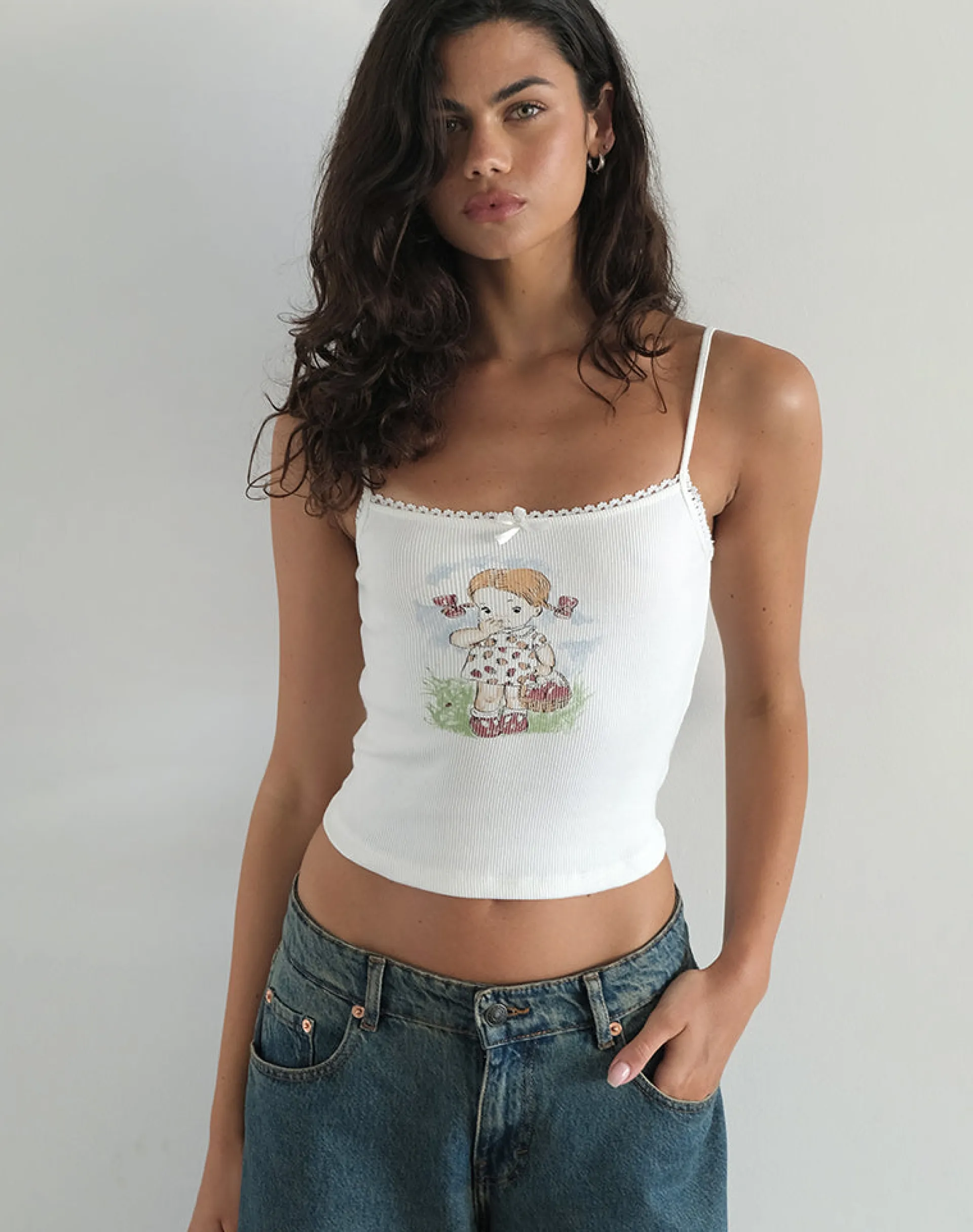 Motel Rocks Basic Tops | Vest Tops-Suna Vest Top in Little Girl Motif White LittleGirlMotifWhite