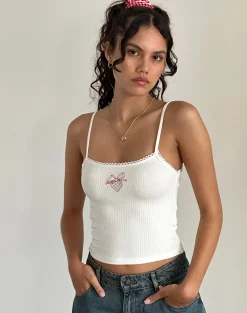 Motel Rocks Vest Tops | Printed Tops-Suna Vest Top in Off White with Strawberry Bow Print OffWhitewithStrawberryBowPrint