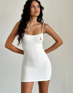 Motel Rocks Day Dresses | Bodycon Dresses-Sunali Mini Dress in Off White with Cherry Emb