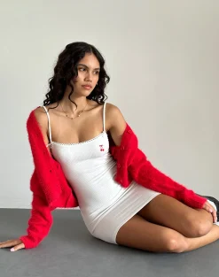 Motel Rocks Day Dresses | Bodycon Dresses-Sunali Mini Dress in Off White with Cherry Emb