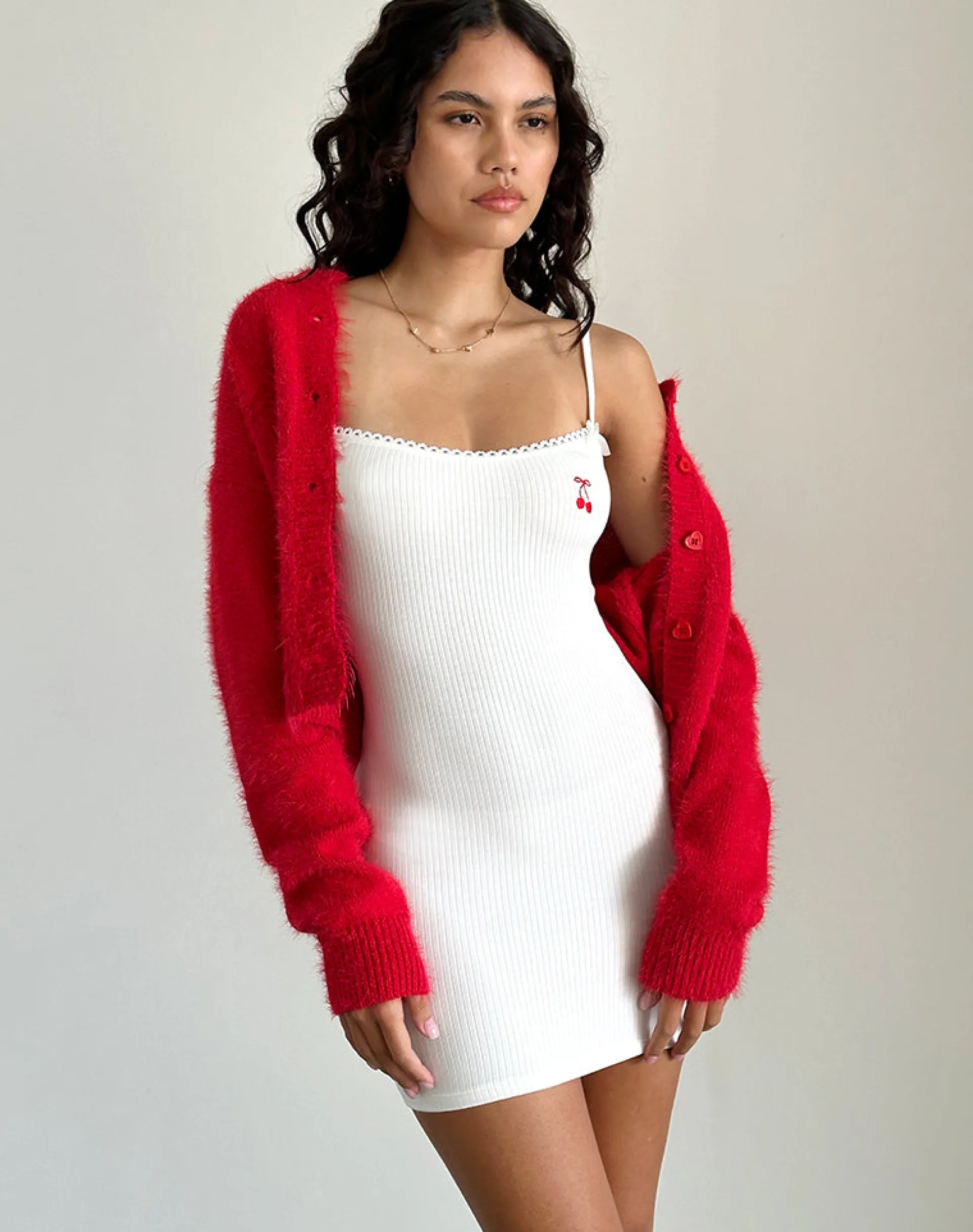 Motel Rocks Day Dresses | Bodycon Dresses-Sunali Mini Dress in Off White with Cherry Emb