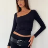 Motel Rocks Basics | Basic Tops-Sunbee Ruched Asymmetric Long Sleeve Top in Black