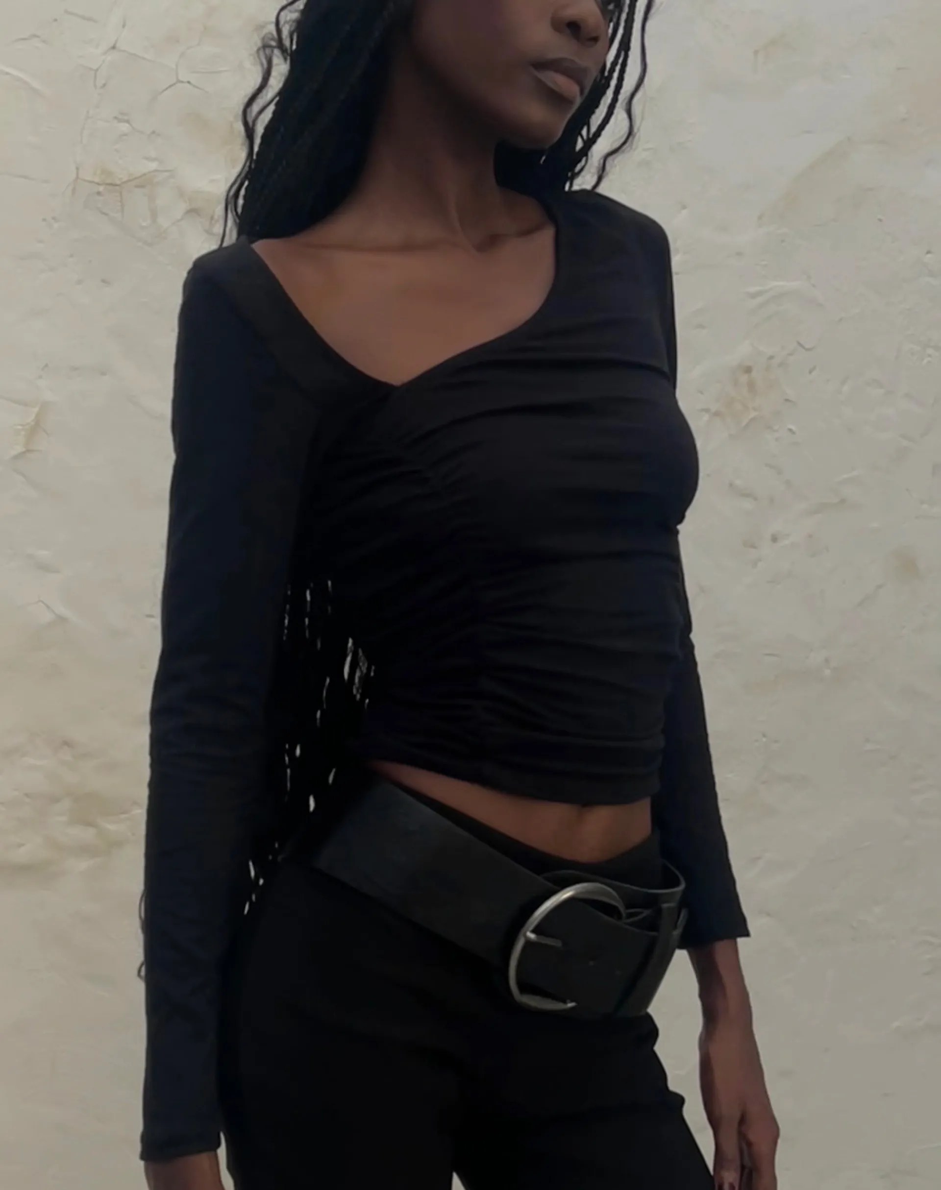 Motel Rocks Basics | Basic Tops-Sunbee Ruched Asymmetric Long Sleeve Top in Black