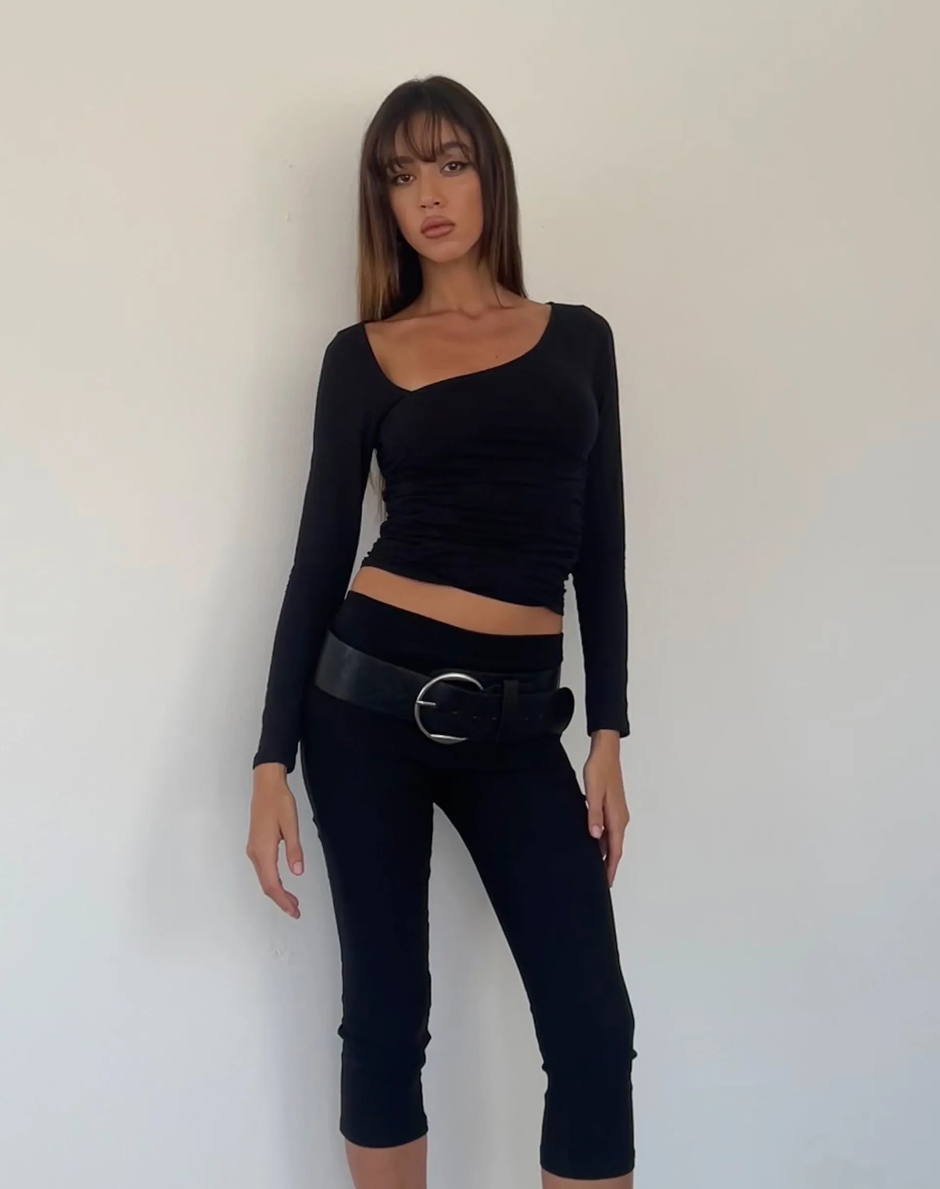 Motel Rocks Basics | Basic Tops-Sunbee Ruched Asymmetric Long Sleeve Top in Black