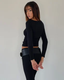 Motel Rocks Basics | Basic Tops-Sunbee Ruched Asymmetric Long Sleeve Top in Black