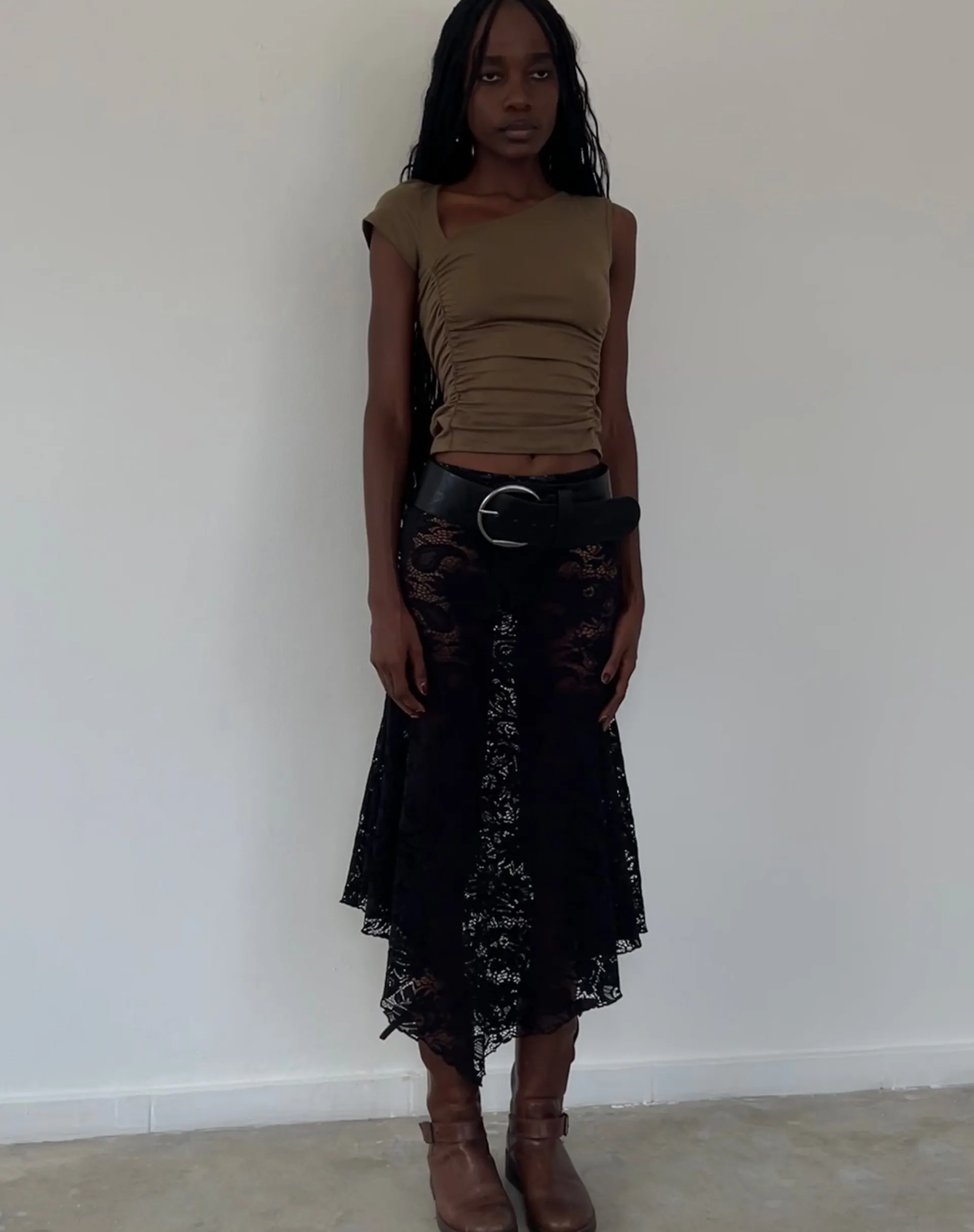 Motel Rocks Basics | Basic Tops-Sunhee Slash Neck Asymmetrical Top in mocca