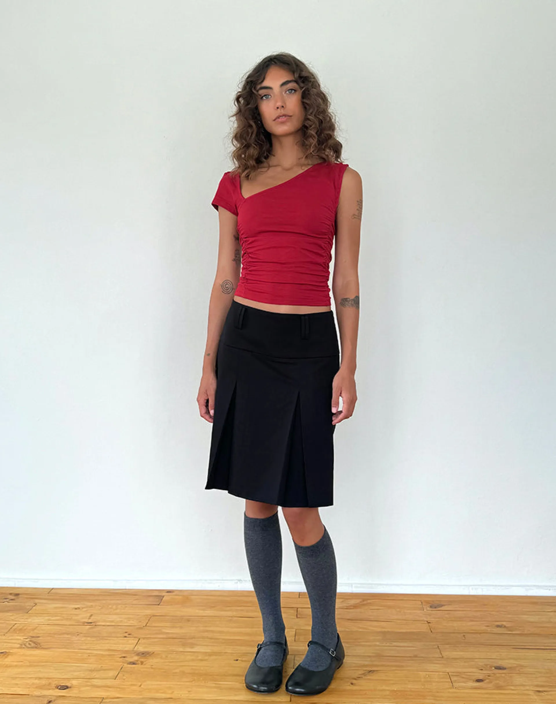 Motel Rocks Basics | Basic Tops-Sunhee Slash Neck Top in Adrenalin Red adrenalinred