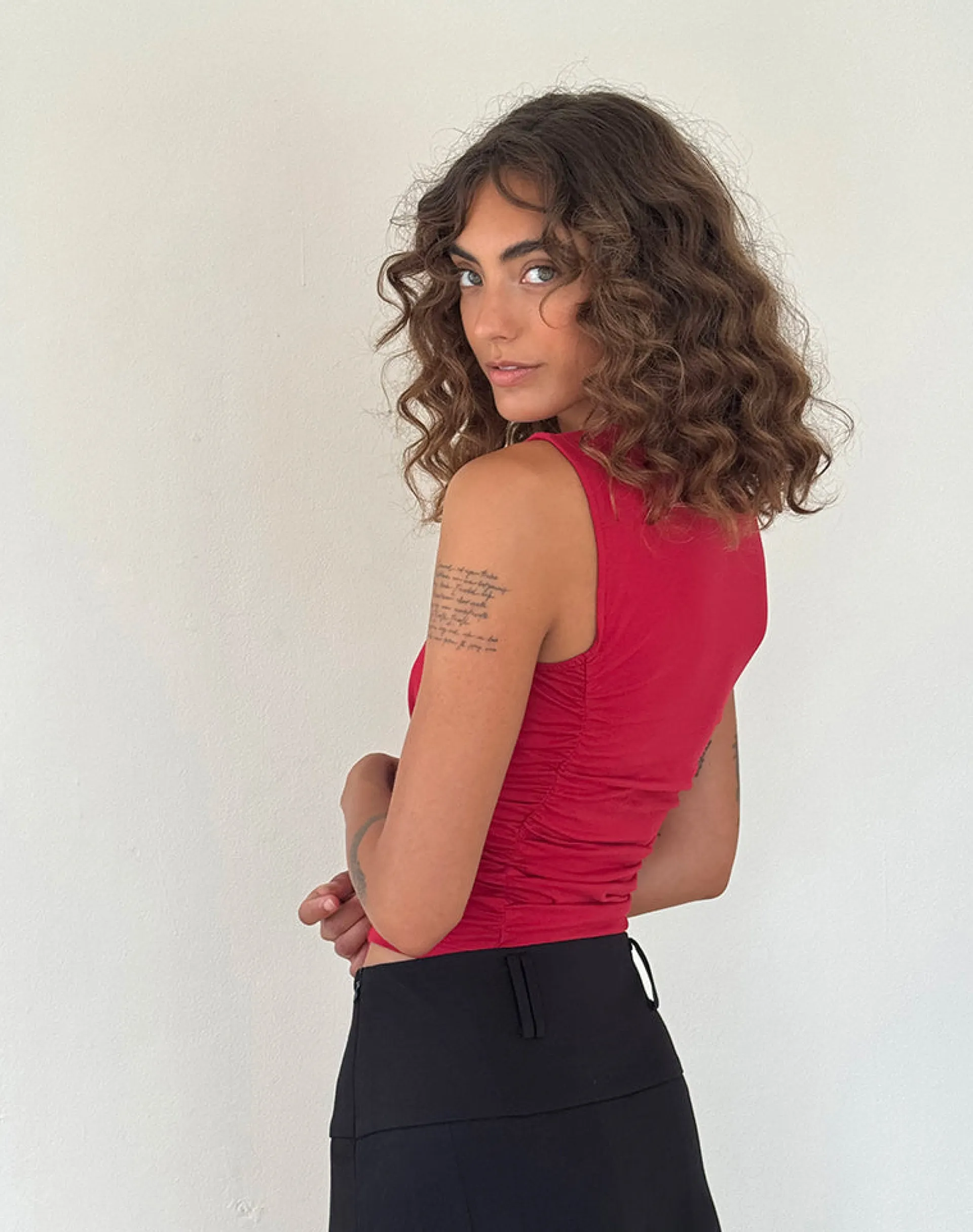 Motel Rocks Basics | Basic Tops-Sunhee Slash Neck Top in Adrenalin Red adrenalinred