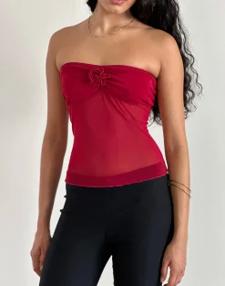 Motel Rocks Bandeau Tops | Going Out Tops-Sunniva Bandeau Top in Cherry Mesh