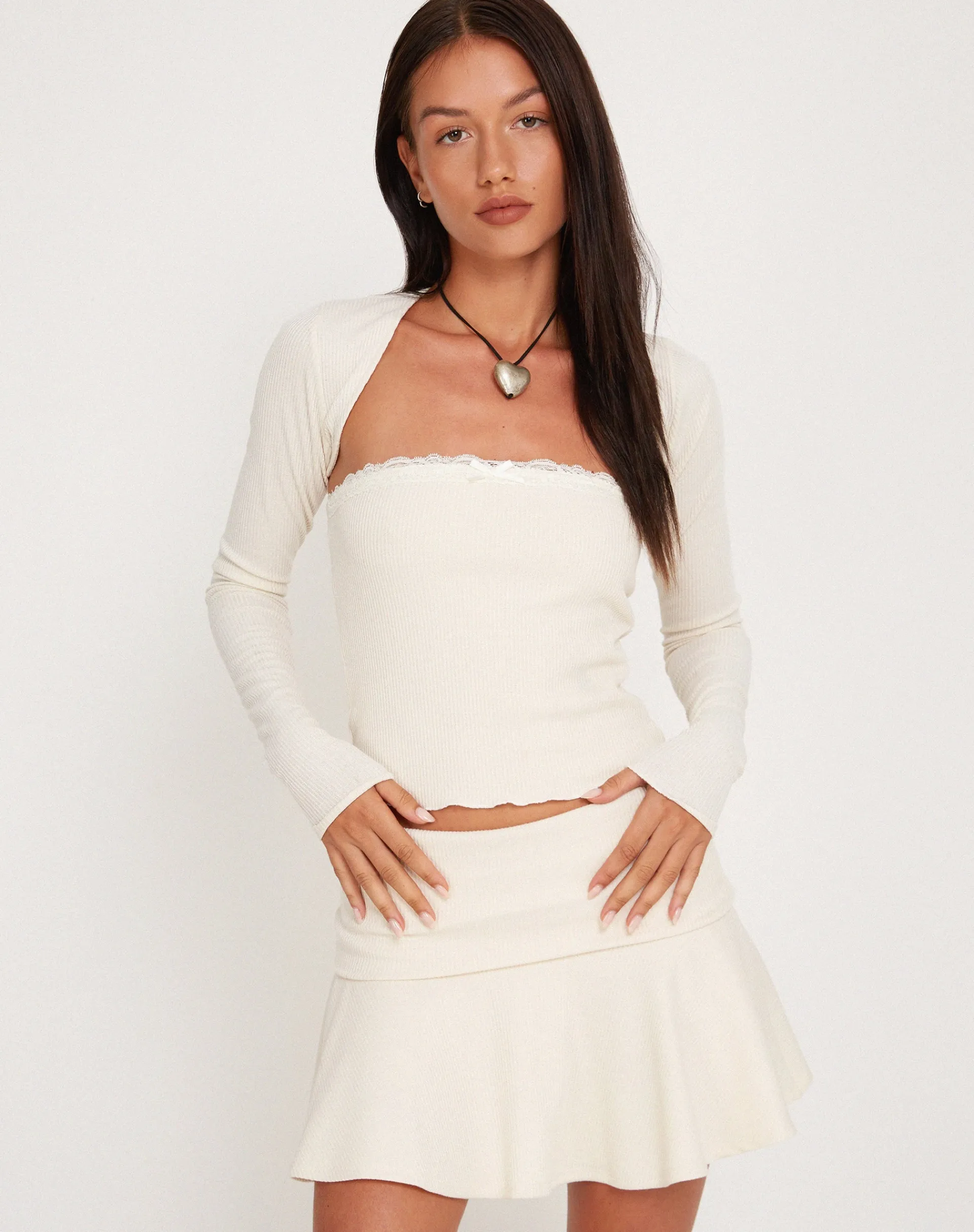 Motel Rocks Basic Tops | Long Sleeve Tops-Suri Rib Shrug Top in ivory