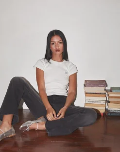 Motel Rocks Basics | Basic Tops-Suti Ribbed Baby Tee in Off White with Blue Bow M Embroidery offwhitewithbluebowmemb