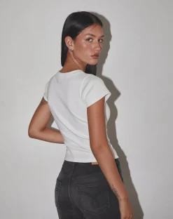 Motel Rocks Basics | Basic Tops-Suti Ribbed Baby Tee in Off White with Blue Bow M Embroidery offwhitewithbluebowmemb