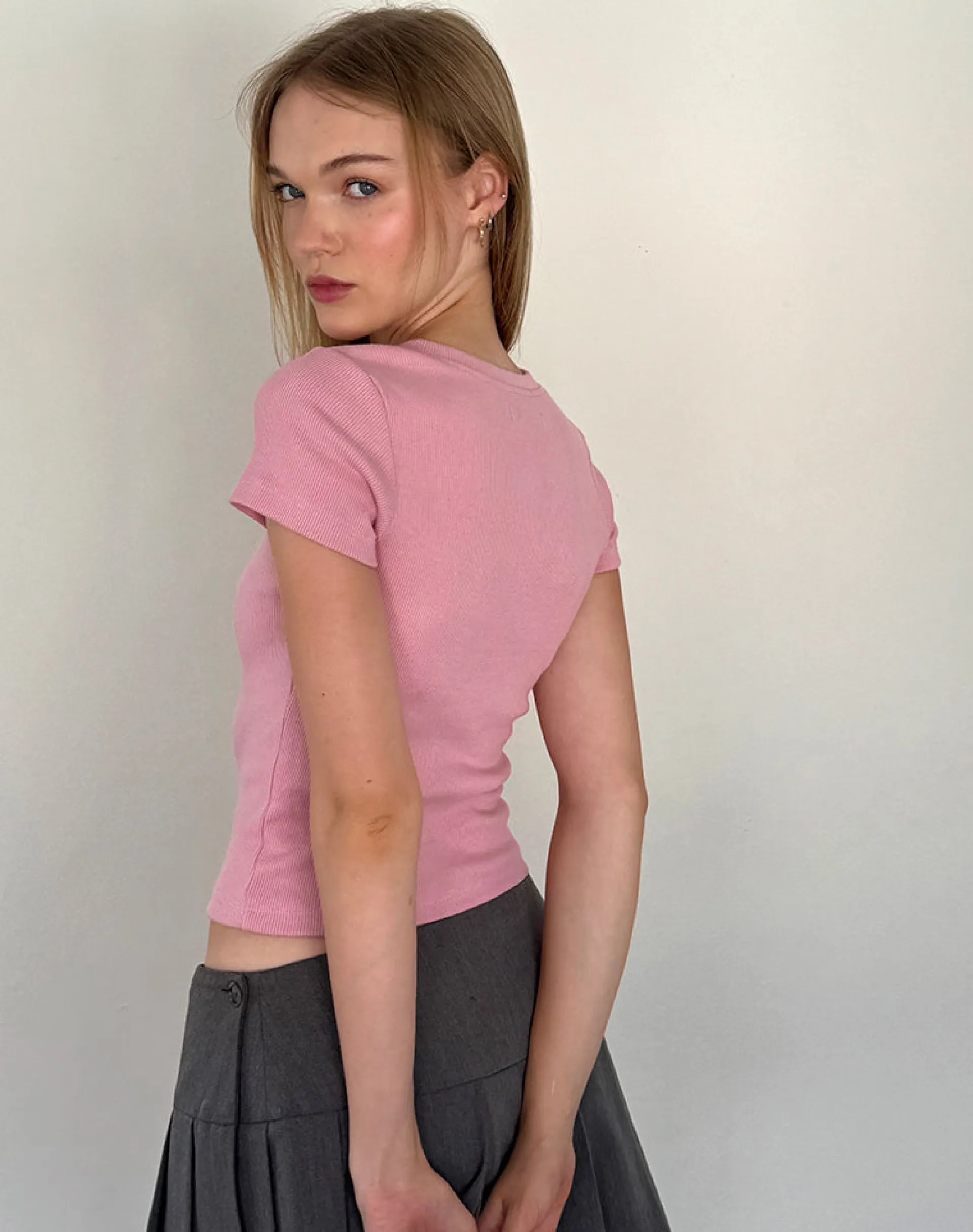 Motel Rocks Basics | Basic Tops-Suti Ribbed Tee in Flamingo Pink with White Bow Embroidery FlamingoPinkwithWhiteBowEmbroidery