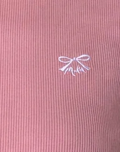 Motel Rocks Basics | Basic Tops-Suti Ribbed Tee in Flamingo Pink with White Bow Embroidery FlamingoPinkwithWhiteBowEmbroidery