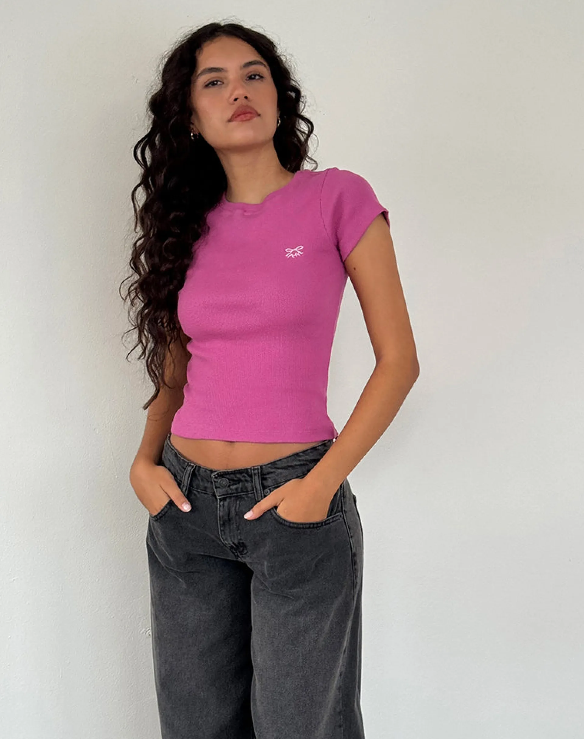 Motel Rocks Basics | Tees-Suti Tee in Cashmere Pink with Light Pink Bow M Embroidery CashmerePinkwithLightPinkBowMEmbroidery