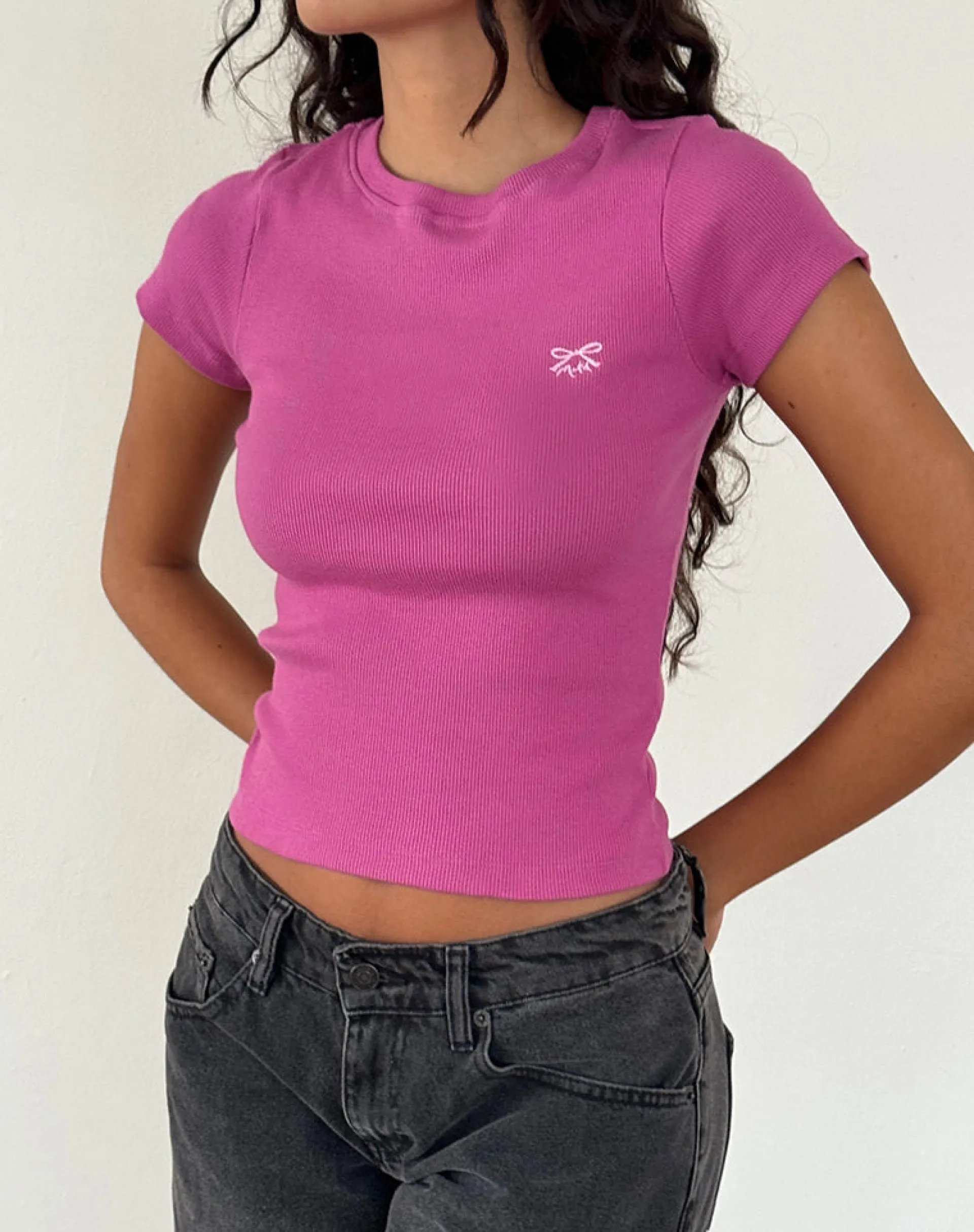 Motel Rocks Basics | Tees-Suti Tee in Cashmere Pink with Light Pink Bow M Embroidery CashmerePinkwithLightPinkBowMEmbroidery