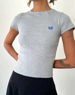 Motel Rocks Basic Tops | Tees-Suti Tee in Grey Marl with Cobalt Blue Bow Embroidery GreyMarlwithCobaltBlueBowEmbroidery
