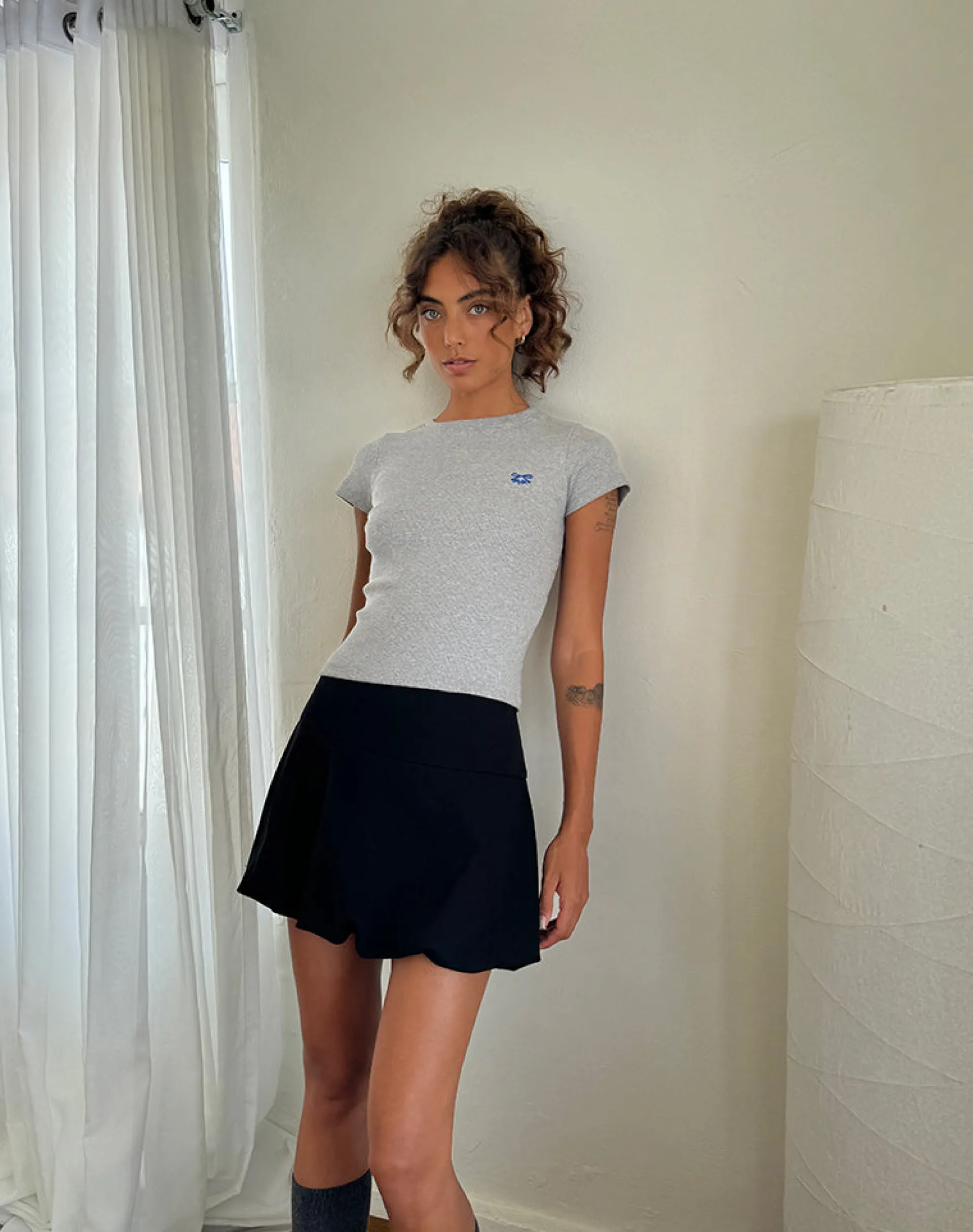 Motel Rocks Basic Tops | Tees-Suti Tee in Grey Marl with Cobalt Blue Bow Embroidery GreyMarlwithCobaltBlueBowEmbroidery