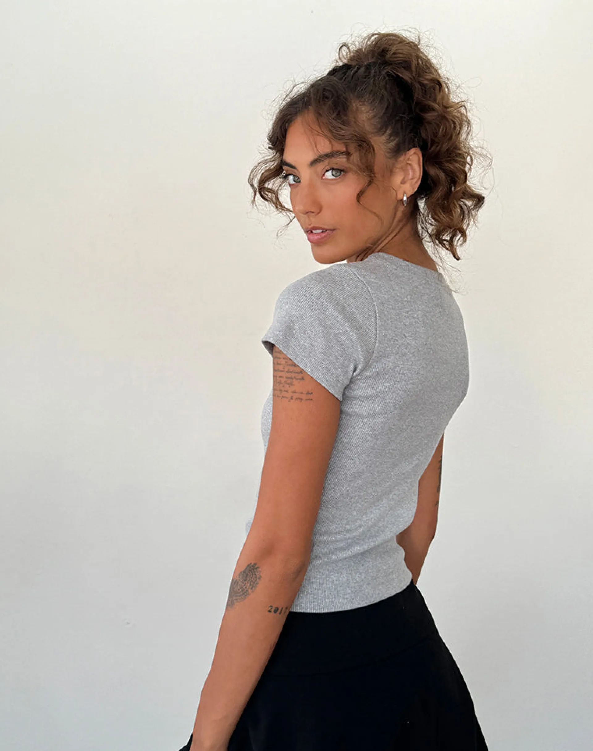 Motel Rocks Basic Tops | Tees-Suti Tee in Grey Marl with Cobalt Blue Bow Embroidery GreyMarlwithCobaltBlueBowEmbroidery