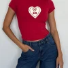 Motel Rocks Tees-Sutin Baby Tee in Adrenaline Red with Embroidered Cherry Heart AdrenalineRedwithEmbroideredCherryHeart