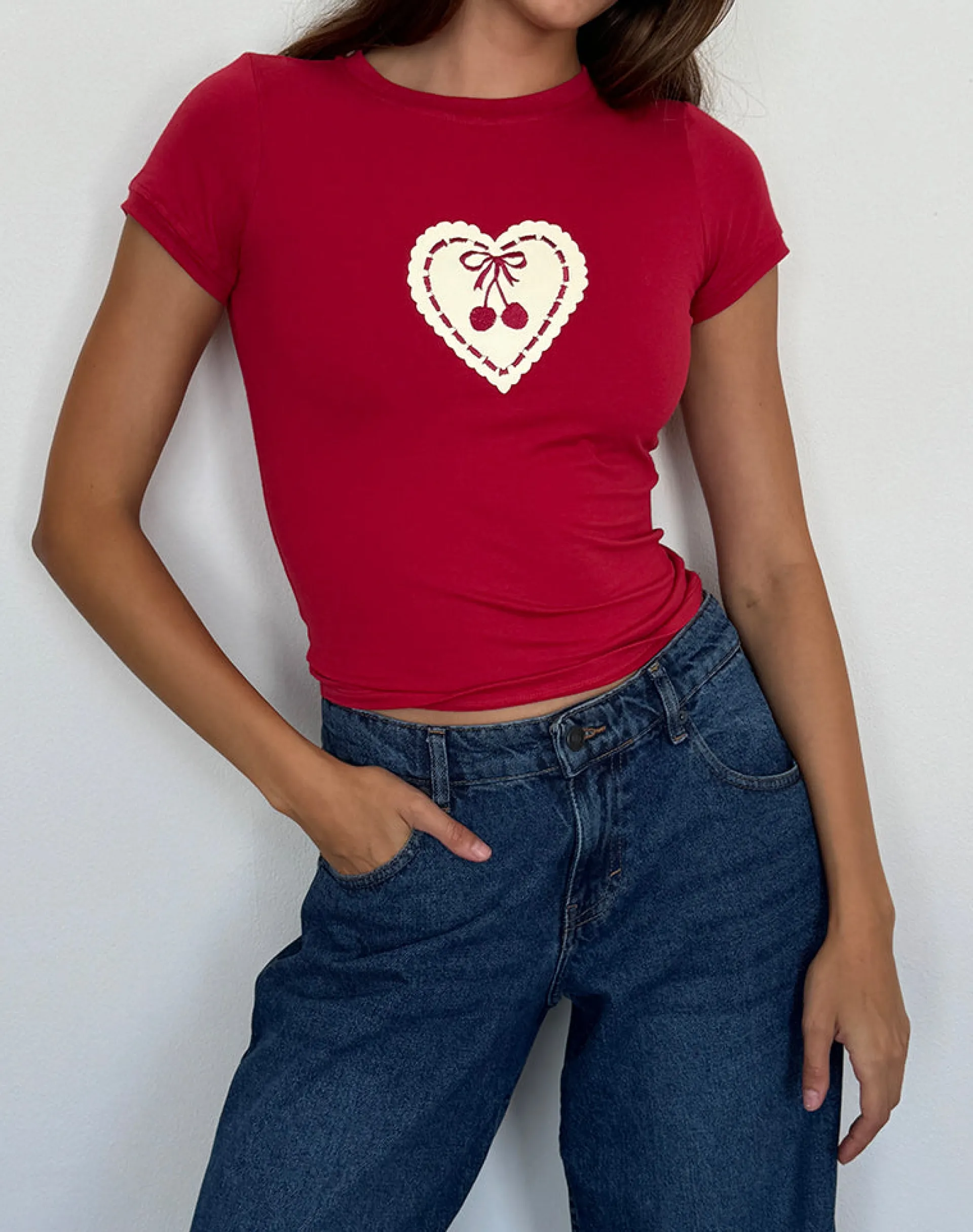Motel Rocks Tees-Sutin Baby Tee in Adrenaline Red with Embroidered Cherry Heart AdrenalineRedwithEmbroideredCherryHeart