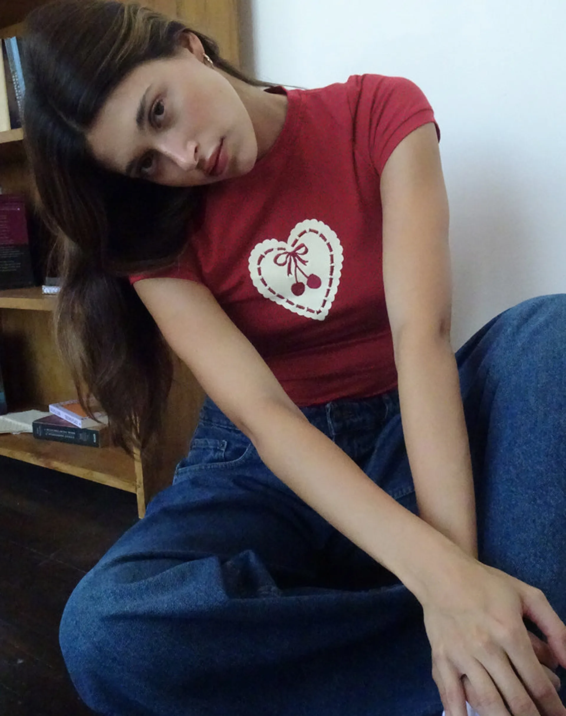 Motel Rocks Tees-Sutin Baby Tee in Adrenaline Red with Embroidered Cherry Heart AdrenalineRedwithEmbroideredCherryHeart