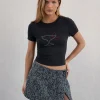Motel Rocks Basic Tops | Printed Tops-Sutin Baby Tee in Black with Cocktail Glass Hotfix BlackwithCocktailGlassHotfix