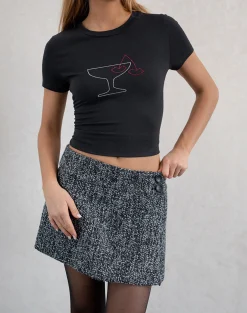 Motel Rocks Basic Tops | Printed Tops-Sutin Baby Tee in Black with Cocktail Glass Hotfix BlackwithCocktailGlassHotfix
