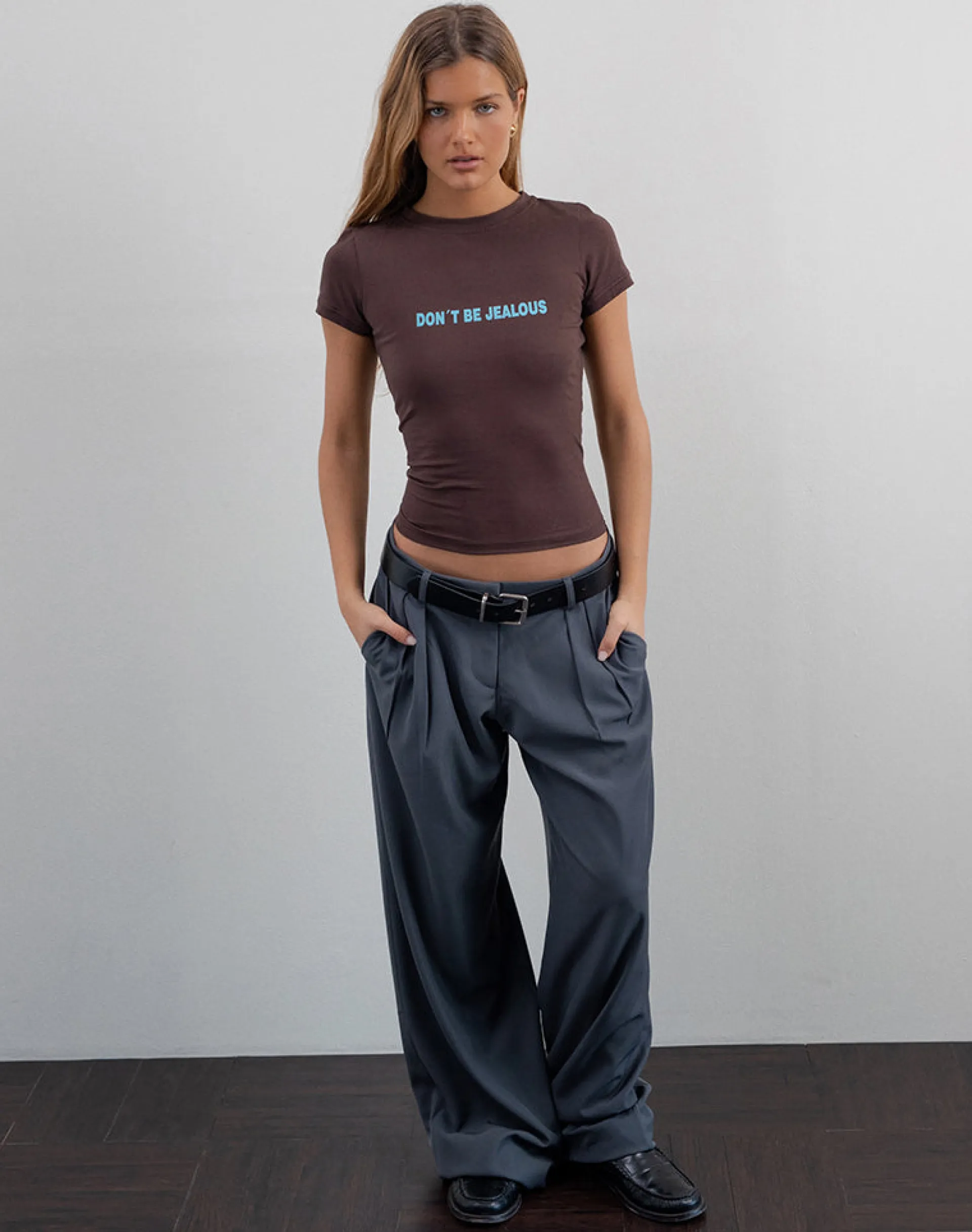 Motel Rocks Printed Tops | Tees-Sutin Baby Tee in Deep Mahogany with Don't Be Jealous Slogan DeepMahoganywithDon'tBeJelousSlogan