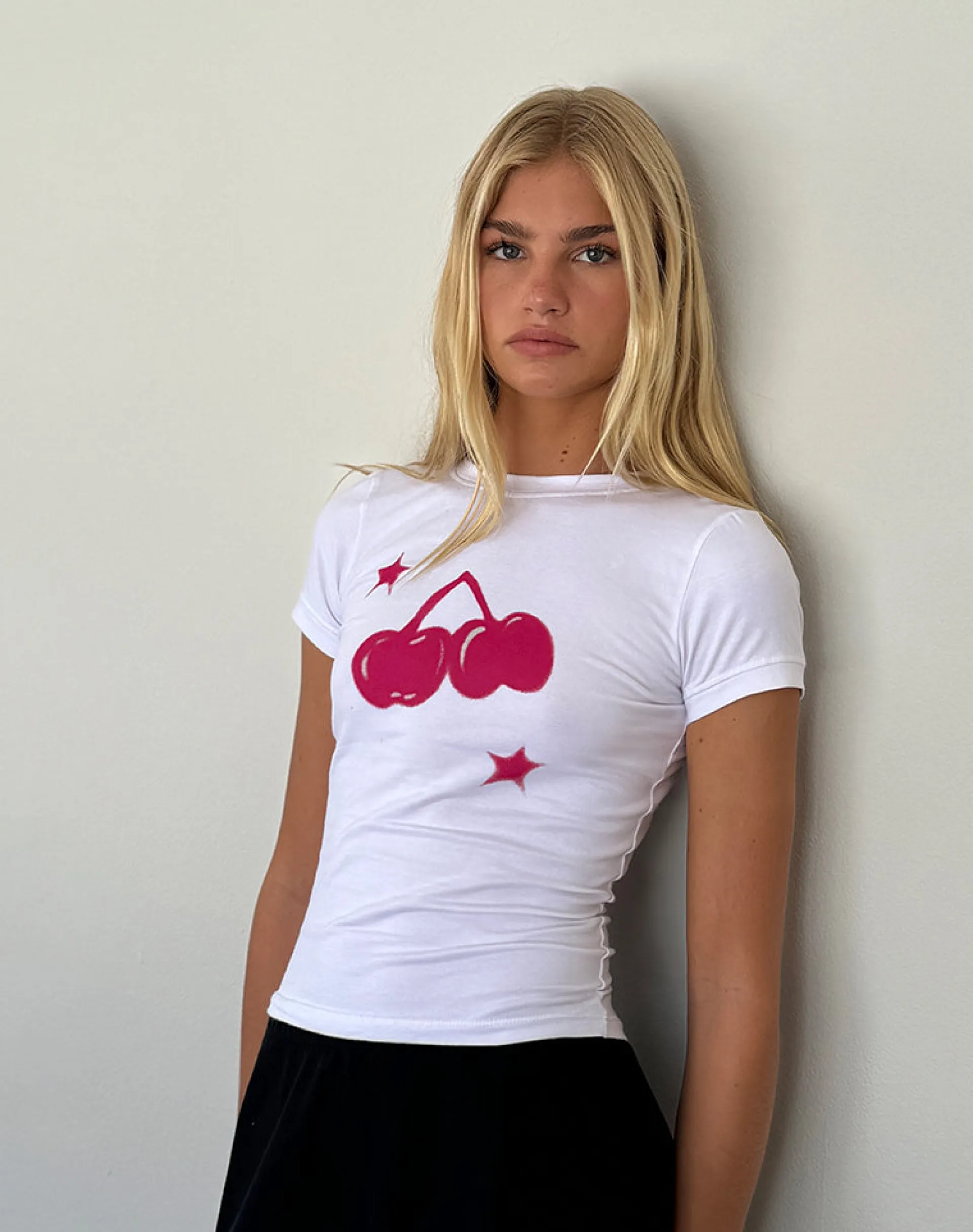 Motel Rocks Basics | Basic Tops-Sutin Baby Tee in White Cherry Print WhiteCherryPrint