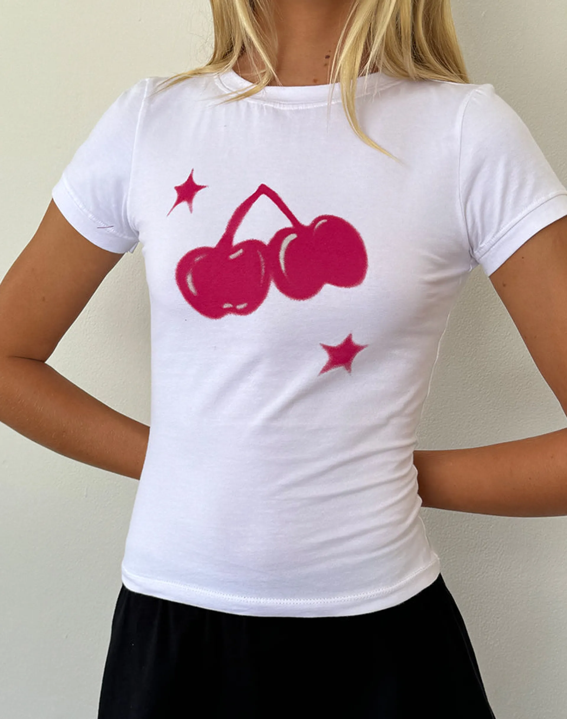 Motel Rocks Basics | Basic Tops-Sutin Baby Tee in White Cherry Print WhiteCherryPrint