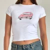 Motel Rocks Basics | Basic Tops-Sutin Baby Tee in White with Scribble Car Graphic WhitewithScribbleCarGraphic