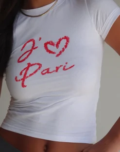 Motel Rocks Basic Tops | Printed Tops-Sutin Baby Tee in White with I Love Pari Graphic WhitewithILovePariGraphic
